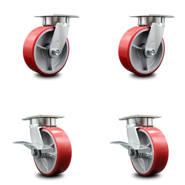 6 Inch Kingpinless Red Poly on Steel Wheel Swivel Caster Set with 2 Brakes SCC